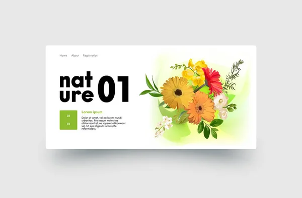 Natura Power Landing Page Design con fiori Gerbera, sito web Template per Fiorista Negozio, Organic Natural Blossoms Store o Bouquets Delivery Company Service. Bella illustrazione vettoriale delle piante — Vettoriale Stock