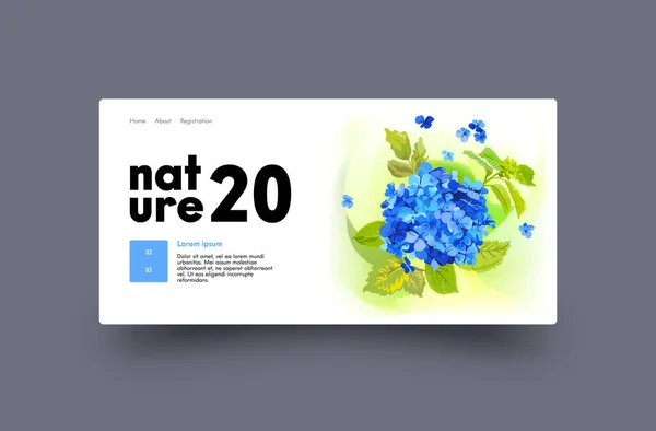 Landing Page Design con fiori blu ortensia. Modello di sito web per negozio di fioristi, decorazione di nozze. Natura, fiori naturali biologici o mazzi di fiori Servizio di consegna Sfondo, illustrazione vettoriale — Vettoriale Stock