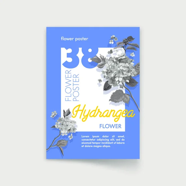 Poster Design with Monochrome Hydrangea Flowers on Blue Background. 결혼식 추도. Nature, Organic Natural Blossoms 또는 Bouquets Delivery Service Concept, Promo Banner Flyer. 사기적 인 예 — 스톡 벡터