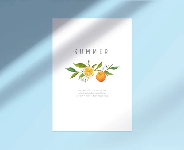 White Paper Sheet Stationäre Vorlage mit Zitronenfrüchten, Blättern und Blumen. Botanisches Sommerdesign mit Schatten auf blauem Hintergrund, leere Corporate Visitenkarte Markenidentität. Vektorillustration — Stockvektor