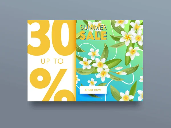 夏販売エキゾチックなプルメリアの花と緑の葉とトロピカル広告ポスター。プロモーションフライヤーデザイン、クリアランスオフコンセプト。サマータイム割引オファーのためのプロモーションバナー.漫画ベクターイラスト — ストックベクタ