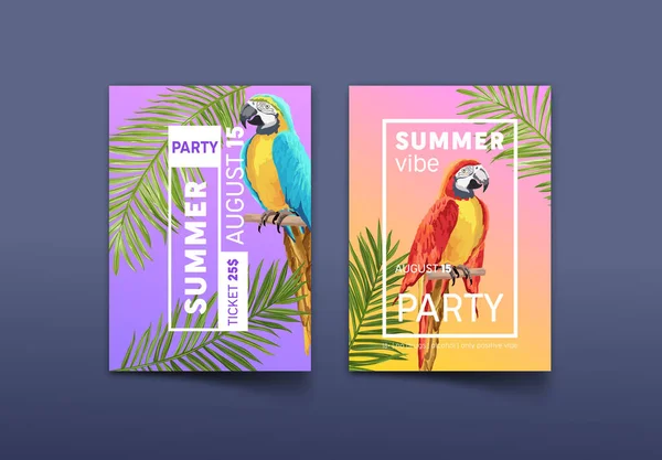 Плакат и билет на летнюю вечеринку с попугаем и пальмовыми листьями. Промо-дизайн в социальных сетях, приглашение на остров, флаер вечеринки с ценой и типографикой, экзотический клуб. Векторная миграция — стоковый вектор