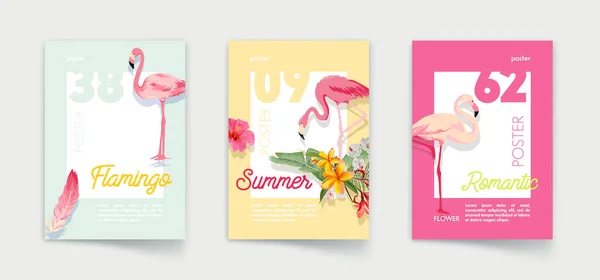 Sada plakátů s růžovým Flamingo, tropické květiny, palmové listy. Šablona pro Hello Summer Banner, Prodej leták, Dovolená, Exotické svátky Party Pozvánka, Pozdrav Design karty. Vektorová ilustrace — Stockový vektor