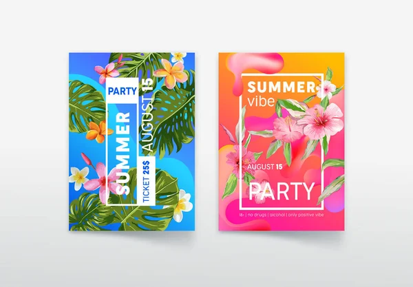 夏季视觉派对海报和热带植物票，价格和字体。背景与异国情调花，俱乐部派对传单设计。社交媒体内容装饰宣传。病媒图解 — 图库矢量图片
