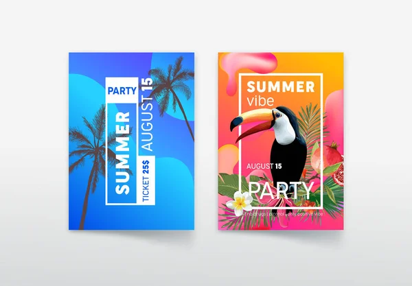 Cartel y entrada para fiestas de verano con tucanes, palmeras, hojas y flores tropicales. Diseño de tarjetas de invitación, volante de fiesta de vacaciones con precio y tipografía, evento de club nocturno. Ilustración vectorial — Vector de stock