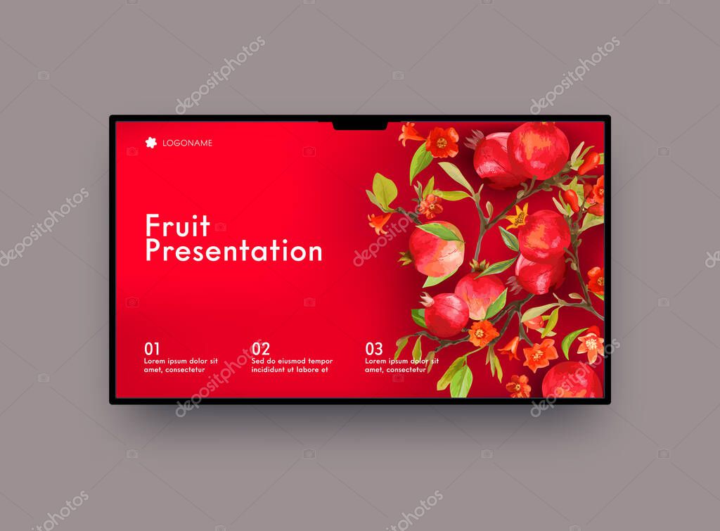 Landing Page Design with Pomegranate Fruits and Flowers with Green Leaves on Branches. Website Template for Beauty Shop, Nature and Spa Organic Natural Production or Healthy Food. Vector Illustration