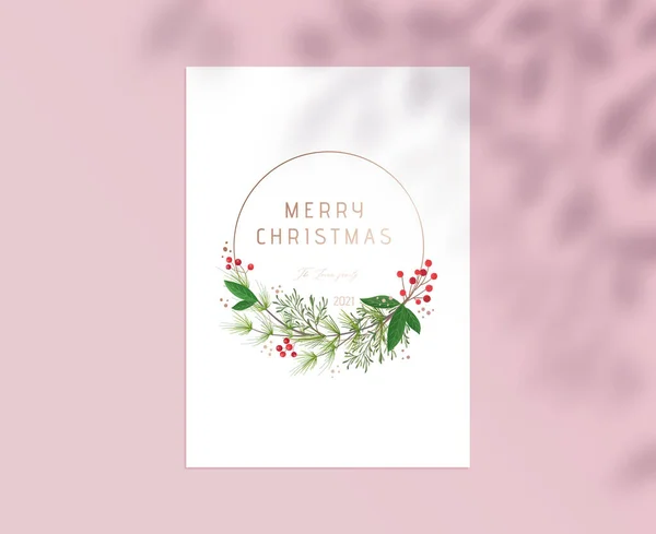 Merry Christmas Card with Gold Typography, Botanical Floral Design of Holly Berries and Green Plant on White Paper Sheet — Stock Vector