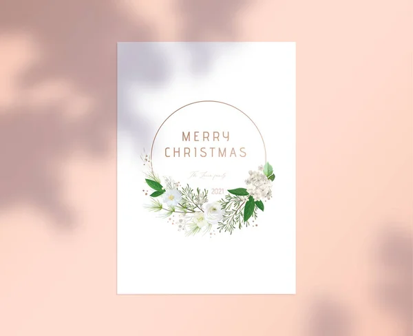 Feliz cartão de Natal com tipografia em quadro redondo com coroa de flores brancas, design botânico com flores e plantas — Vetor de Stock