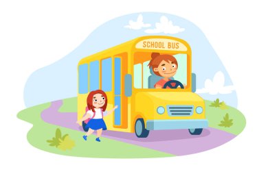 Sırt çantalı Küçük Liseli Kız Karakteri ve Sarı Okul Otobüsüne Şoförle Tırmanan Üniformalı Okul, Okula Dönüş