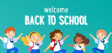 Okul Konseptine hoş geldiniz. Öğrenciler, Okul Kızları Üniformalı Karakterler El sallayarak Yeni Eğitim Yılını Kutluyor