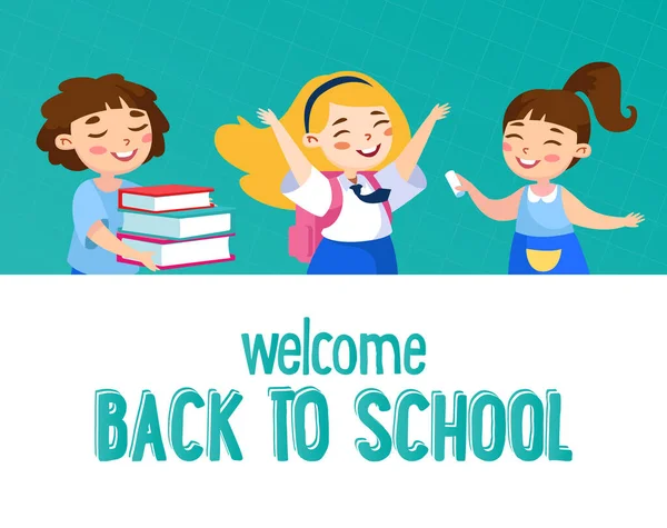 Bienvenue au concept de retour à l'école. Petits enfants écoliers en uniforme se réjouissent avec des livres, sac à dos et craie, agitant la main — Image vectorielle