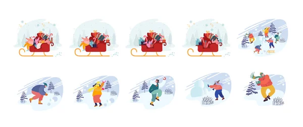 Set van mannelijke en vrouwelijke personages op kerstvakantie Sneeuwballen spelen, Slee rijden met kerstcadeaus, Sneeuwslag — Stockvector