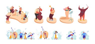 Set of Characters Orchestra Musicians Playing Concert in Music Hall. Sick Patients with Flu Visit Doctor in Hospital clipart