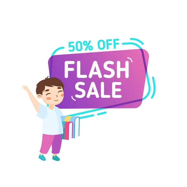 Flash Sale, Schule Rabatt Banner, Studium liefert Räumung Promo Poster mit niedlichen Cartoon Boy Student Holding Bücher — Stockvektor