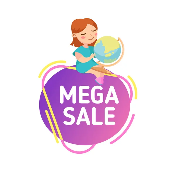 Mega Sale, Back to School Discount Banner mit Cute Cartoon Girl Holding Geographical Globe. Student Fair Event Rabatt — Stockvektor