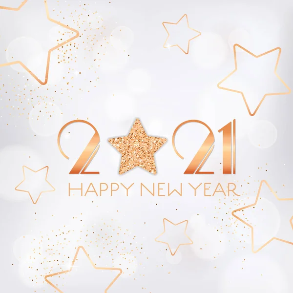 Feliz Año Nuevo 2021 Tarjeta de felicitación con estrellas doradas y brillo sobre fondo borroso con chispas doradas y tipografía — Vector de stock