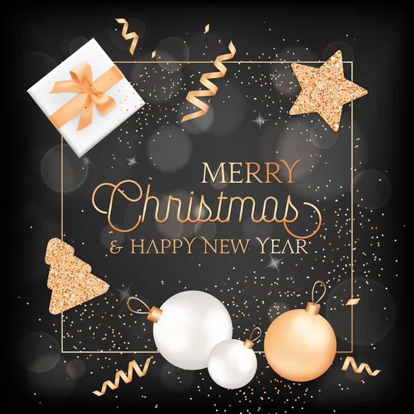 Merry Christmas, Happy New Year Elegant Greeting Card with Gift Box, Balls and Decoration in Gold Color with Glitter — Stock Vector