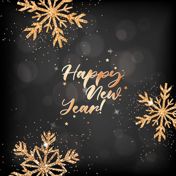 Saludos de Año Nuevo, Tarjeta Postal de Vacaciones, Folleto de Invitación. Elegante tarjeta de felicitación feliz año nuevo con copos de nieve de oro — Vector de stock