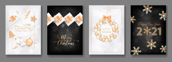 Set von Frohe Weihnachten und Frohes Neues Jahr 2021 Grußkarten mit Golddekoration, Kugeln, Geschenken, Glitzer, Weihnachtsbaum — Stockvektor