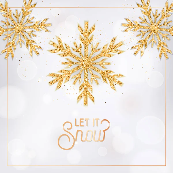 Postal de Navidad o Año Nuevo, volante de invitación o diseño de folleto promocional. Elegante tarjeta de feliz Navidad con copos de nieve de oro — Archivo Imágenes Vectoriales
