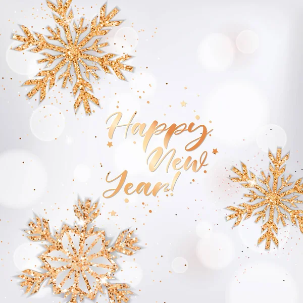 Elegante Happy New Year wenskaart met gouden sneeuwvlokken en glitter op witte wazige achtergrond en feestelijke belettering — Stockvector