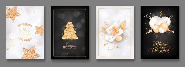 Conjunto de Happy Holidays Flyer ou Banners Design. Feliz Natal e Ano Novo Cartões Elegantes com Abeto Dourado — Vetor de Stock