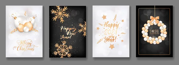 Set di Buon Natale e Felice Anno Nuovo 2021 Biglietti di auguri con Palline di Natale, Brillanti Glitter d'Oro, Stelle e Confetti — Vettoriale Stock