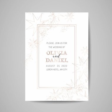 Altın folyo çerçeveli, yıldızlı gökyüzüyle düğün davetiyesini saklayın. Eski moda kapağı