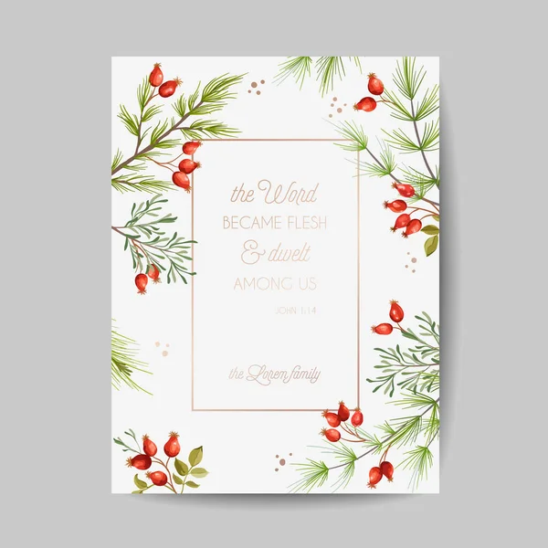 Élégantes cartes de Noël et Nouvel An 2021 avec branches de pin, Saint Berry Wreast, gui, motif floral d'hiver — Image vectorielle
