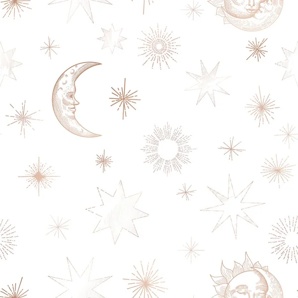 Starry Night Sky Trendy Seamless Pattern, Vintage Celestial Hand drawn Background Template of Galaxy, Space, Moon — Stock Vector