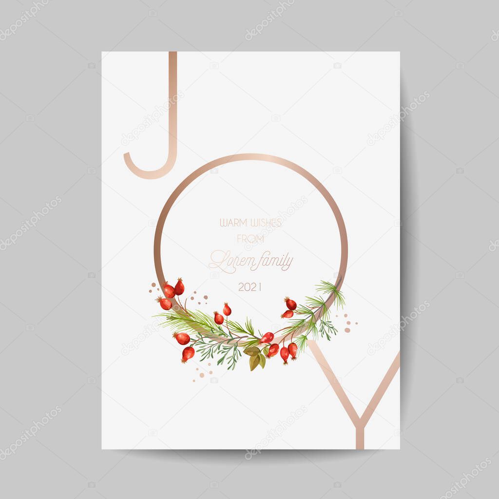 Elegant Merry Christmas and New Year 2021 Cards with Pine Branches, Holy Berry Wreast, Mistletoe, Winter floral design