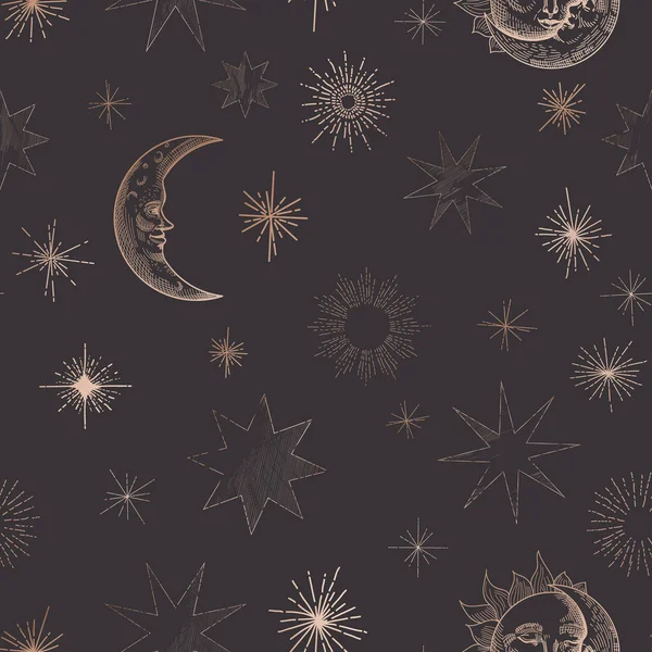 Starry Night Sky Trendy Seamless Pattern, Vintage Celestial Hand намалював Background Template of Galaxy, Space, Moon — стоковий вектор