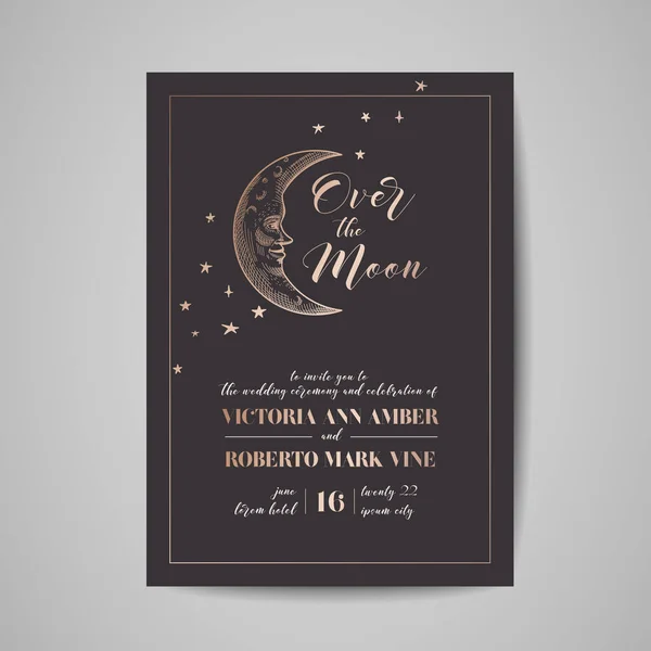 Save the Date Carte de luxe, invitation céleste de mariage avec lune et ciel étoilé avec cadre en feuille d'or — Image vectorielle