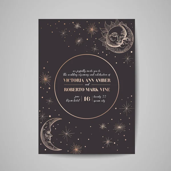 Guardar la fecha Tarjeta de lujo, Boda Invitación celestial con luna y cielo estrellado con marco de lámina de oro — Archivo Imágenes Vectoriales