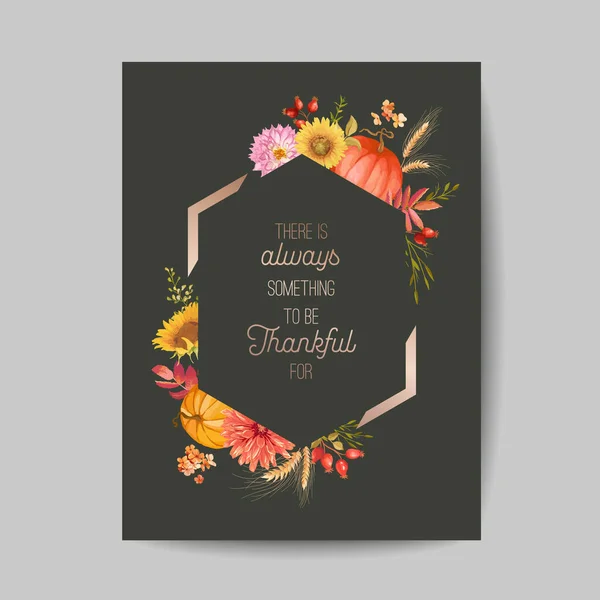 Поздравление с Днем благодарения, пригласительная открытка, флаер, баннер, шаблон плаката. Осенняя тыква, цветок, листья, элементы цветочного дизайна. Векторная иллюстрация — стоковый вектор