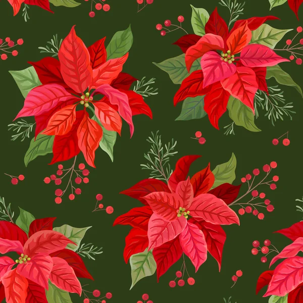 Christmas seamless pattern with Winter flower, Poinsettia, Mistletoe, branches of Rowan tree with Berries. Hand drawn floral vector illustration for wrapping paper, textile, fabric, print, wallpaper — Stock Vector