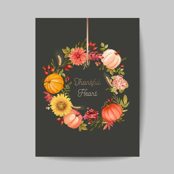 Thanksgiving day greeting, invitation card, flyer, banner, poster template. Autumn pumpkin, flower, leaves, floral design elements. Vector illustration — Stock Vector