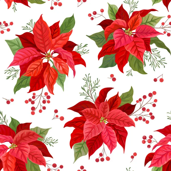 Natal sem costura padrão com flor de inverno, Poinsettia, visco, ramos de Rowan árvore com bagas. Ilustração vetorial floral desenhada à mão para papel de embrulho, têxtil, tecido, impressão, papel de parede — Vetor de Stock