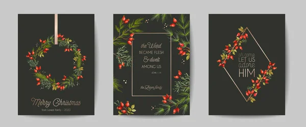 Set of Elegant Merry Christmas and New Year 2021 Cards with Pine Branches, Holy Berry, Mistletoe, Winter floral plants design illustration, greetings, invitation 2020, flyer, brochure, cover in vector — Stock Vector