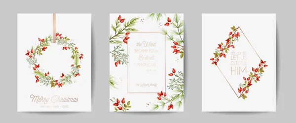 Ensemble de cartes élégantes Joyeux Noël et Nouvel An 2021 avec branches de pin, Holy Berry, gui, illustration de conception de plantes florales d'hiver, salutations, invitation 2020, dépliant, brochure, couverture en vecteur — Image vectorielle