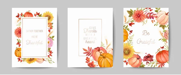 Set of Thanksgiving Day greeting, invitation card, flyer, banner, poster template. Autumn pumpkin, flower, leaves, floral design elements. Vector illustration — Stock Vector