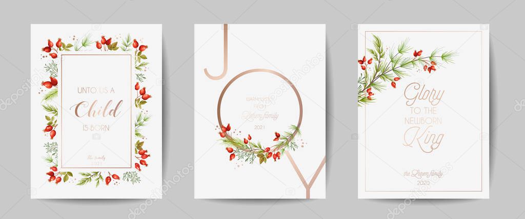Set of Elegant Merry Christmas and New Year 2021 Cards with Pine Branches, Holy Berry, Mistletoe, Winter floral plants design illustration, greetings, invitation 2020, flyer, brochure, cover in vector