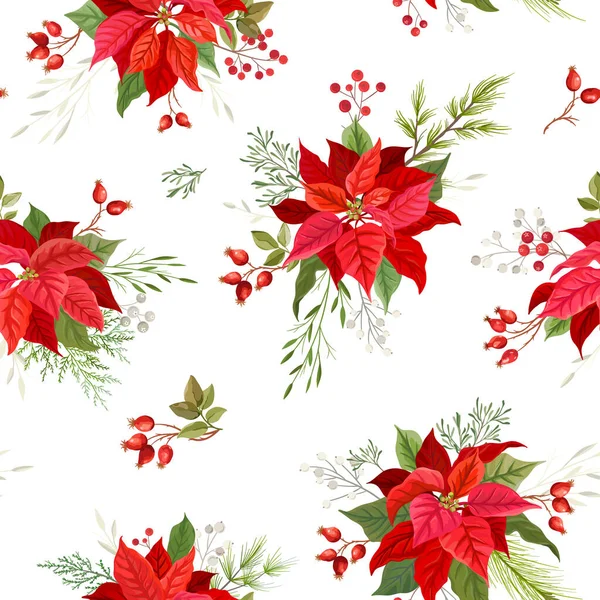 Christmas Poinsettia winter seamless pattern with floral mistletoe, branches of Rowan tree with berries. Watercolor floral vector illustration for wrapping paper, textile, print, wallpaper — Stock Vector