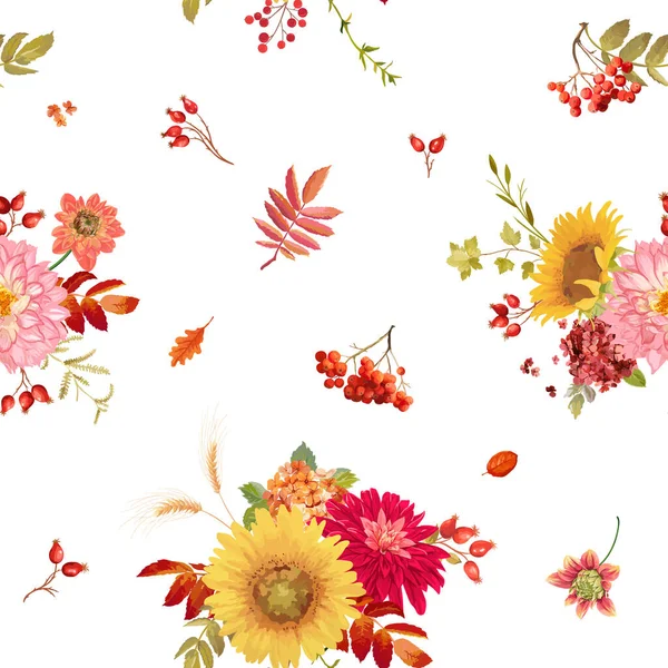 Naadloze aquarel vector herfst bloemen achtergrond, Thanksgiving bloemmotief oranje hortensia, varen, dahlia, rode rowan bes, zonnebloem, herfst bladeren collectie voor afdruk, behang, stof — Stockvector