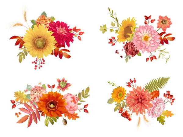 Akvarell vektor őszi virágok csokrok, narancs hortenzia, páfrány, dália, vörös szeder, napraforgó, őszi levelek gyűjteménye. Izolált virágos színes készlet — Stock Vector