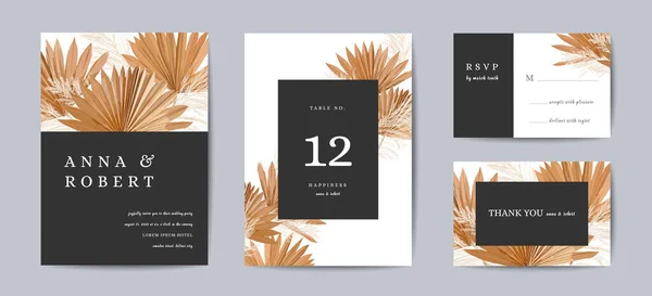 Botanische bruiloft uitnodiging kaart, vintage Save the Date droge palm, pampas gras template ontwerp aquarel illustratie. Vector luxe goud minimale trendy hoes, grafische poster, brochure — Stockvector