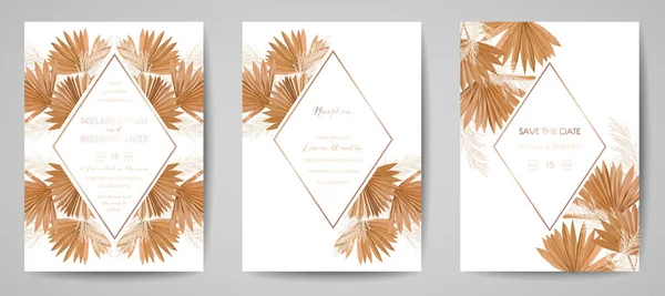 ドライパーム熱帯の葉結婚式の招待状、水彩パンパス草シンプルなカードセット、最小テンプレートベクトル。植物保存日付黄金の葉フレーム現代的なポスターデザイン、豪華な背景. — ストックベクタ