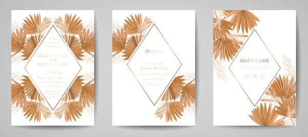 Feuilles tropicales Dry Palm invitation de mariage, aquarelle pampas herbe jeu de cartes simple, vecteur de modèle minimal. Botanique Save the Date cadre de feuillage doré design affiche moderne, fond de luxe. — Image vectorielle