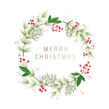 Kış çelengi, Noel tatili için tebrik kartı şablonu. Yeşil çam, pamuk, kutsal çilek. Pankart, broşür ve kapak için Xmas Vector illüstrasyonu. Vektör çiçek illüstrasyonu