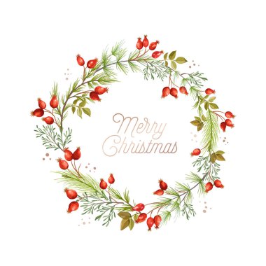 Noel çelengi, yeşil çam dalları, kırmızı gül kalçası böğürtlenleri. Kış Xmas tatil tebrik kartı şablonu. Pankart, broşür ve kapak için vektör illüstrasyon tasarımı. Vektör çiçek illüstrasyonu..